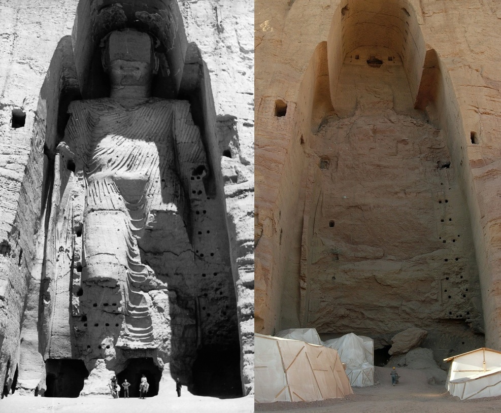 Die größere der beiden riesigen Buddha-Statuen vor und nach der Zerstörung.